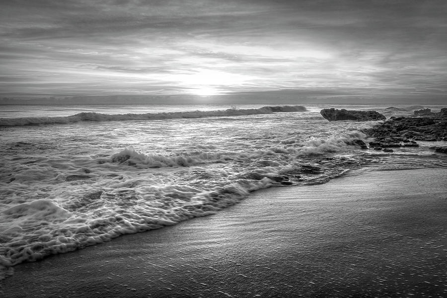 Frothy Waves at Dawn Black and White Photograph by Debra and Dave Vanderlaan