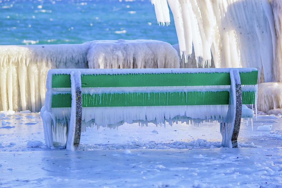 Frozen bench by very cold winter, Versoix, Switzerland Photograph by Elenarts - Elena Duvernay photo