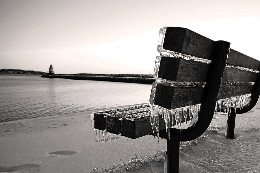 Frozen Bench Overlooking the Jetty at Spring Point Ledge Lighthouse Photograph by Lisa Cuipa