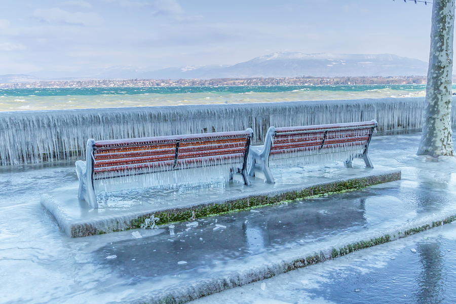 Frozen benches by very cold winter, Versoix, Switzerland Photograph by Elenarts - Elena Duvernay photo