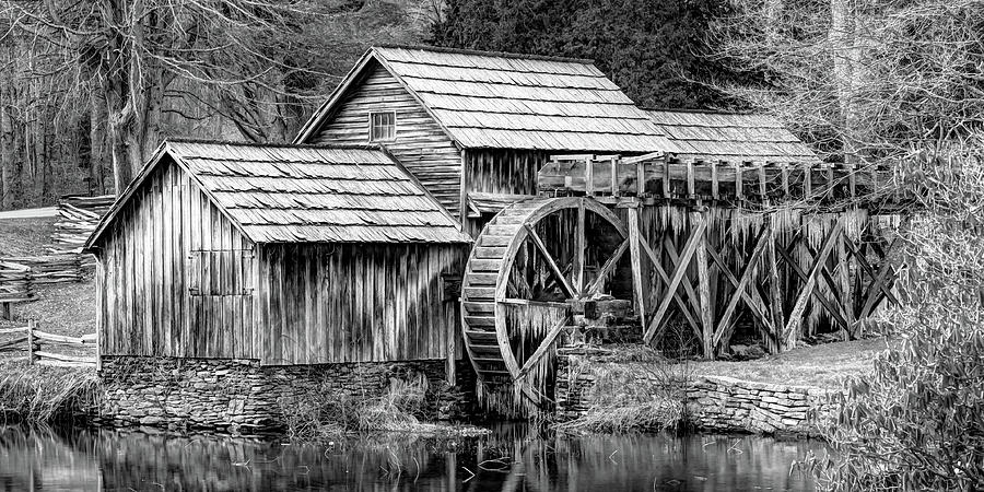 Frozen Mabry Mill Monochrome Panorama - Virginia Blue Ridge Parkway Photograph by Gregory Ballos