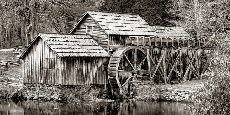 Frozen Mabry Mill Sepia Panorama - Virginia Blue Ridge Parkway Photograph by Gregory Ballos