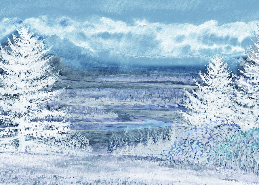 Frozen River White Trees Winter Landscape Watercolor Painting