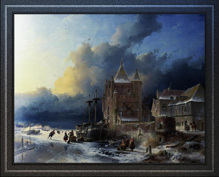 Frozen River With Skaters by Andreas Schelfhout Painting by Rolando Burbon