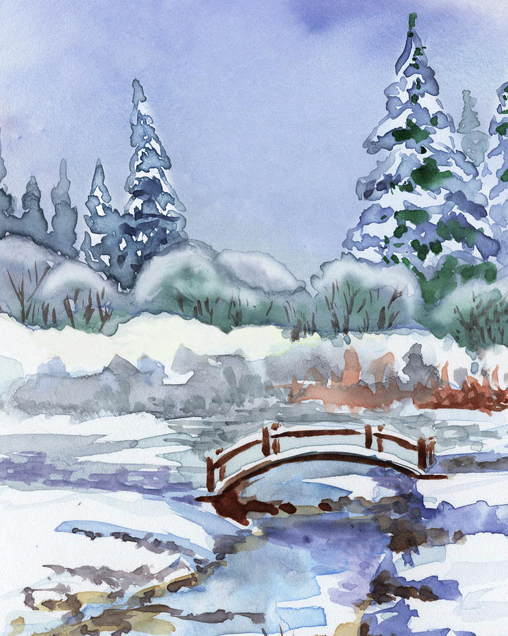 Frozen River Wooden Bridge Winter Forest Watercolor  Painting by Irina Sztukowski