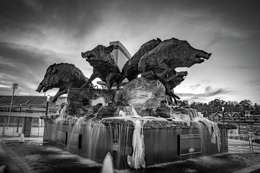 Frozen Waters At The Arkansas Wild Band Of Razorbacks Fountain - Black and White Photograph by Gregory Ballos