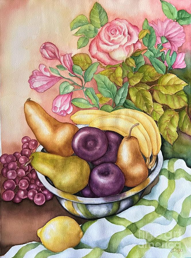 Fruit and flowers still life Painting by Inese Poga