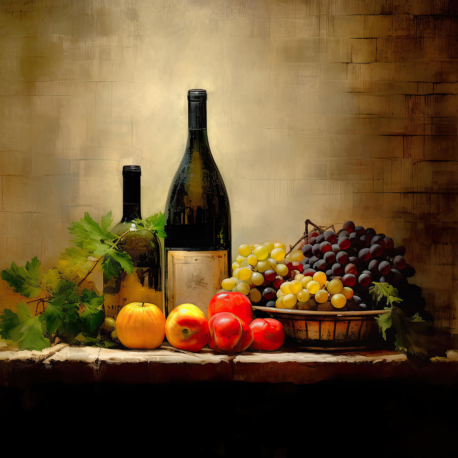 Wine Painting - Fruit and Wine Art by Lourry Legarde
