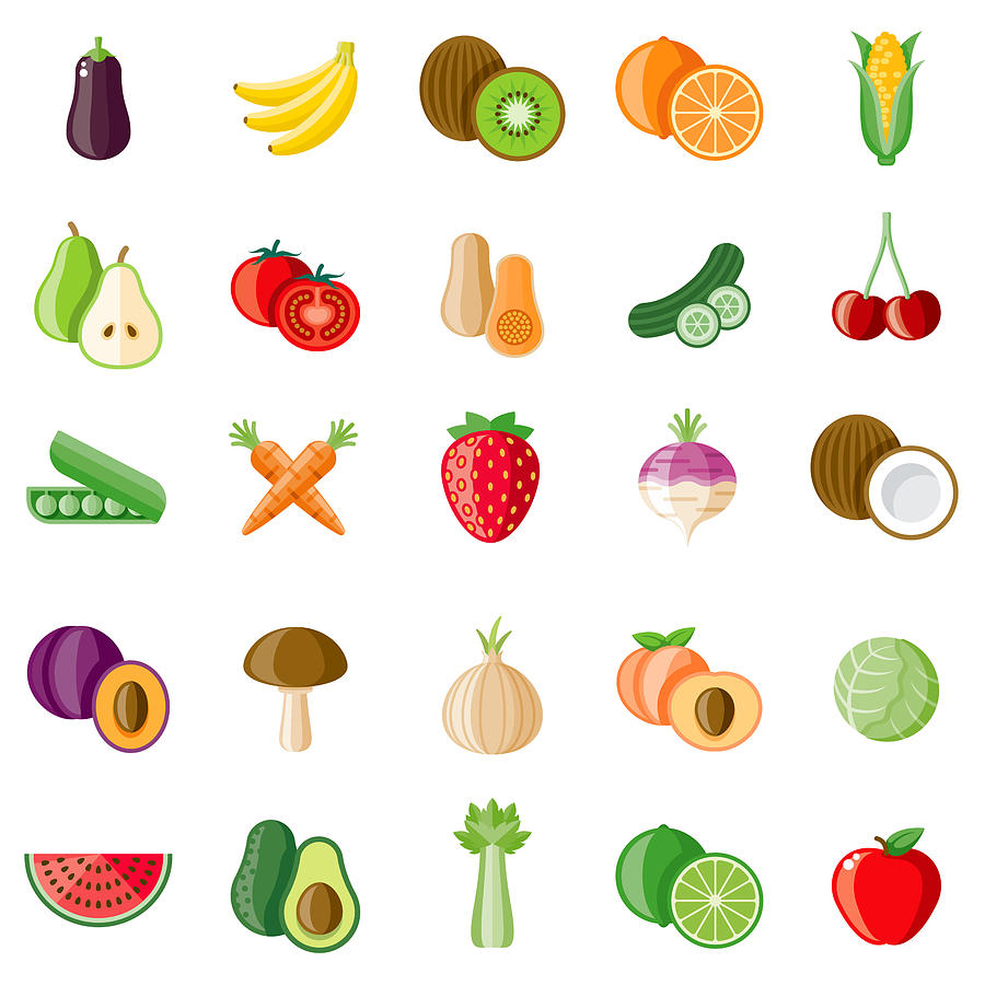 Fruits and Veggies Icon Set Drawing by Bortonia