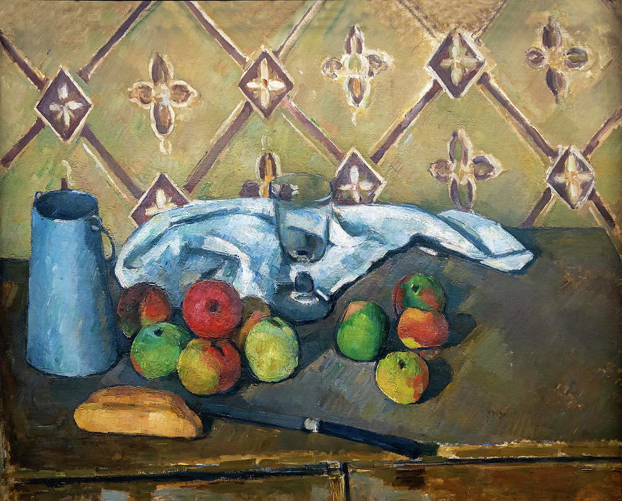 Paul Cezanne Painting - Fruits, Napkin and Milk Box by Paul Cezanne