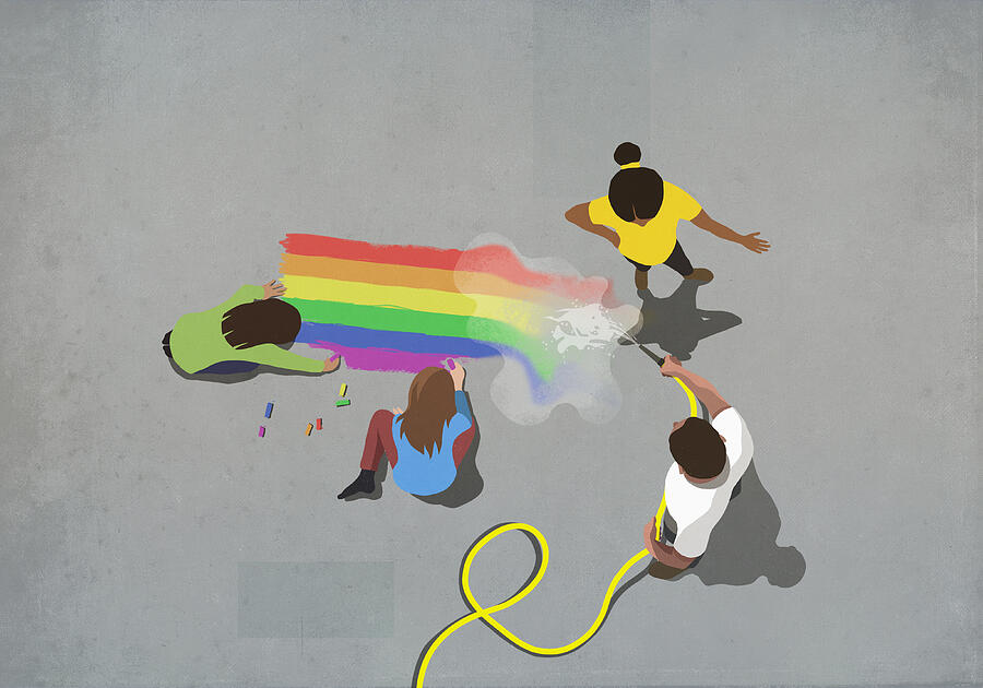 Frustrated woman confronting man hosing off sidewalk chalk rainbow Drawing by Malte Mueller