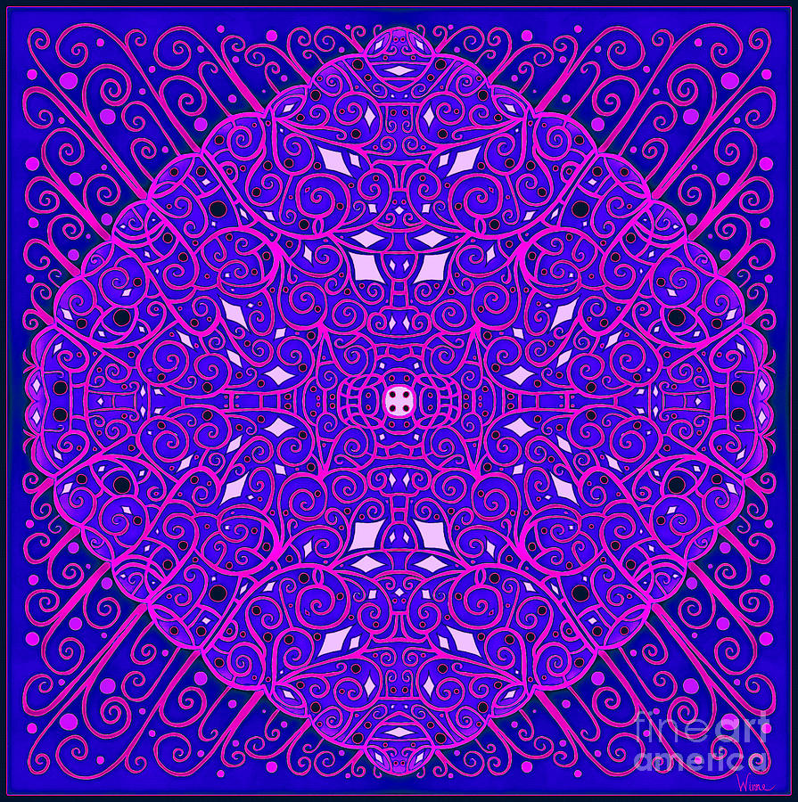 Fuchsia on Blue Filigree Abstract Symmetrical Design Mixed Media by Lise Winne