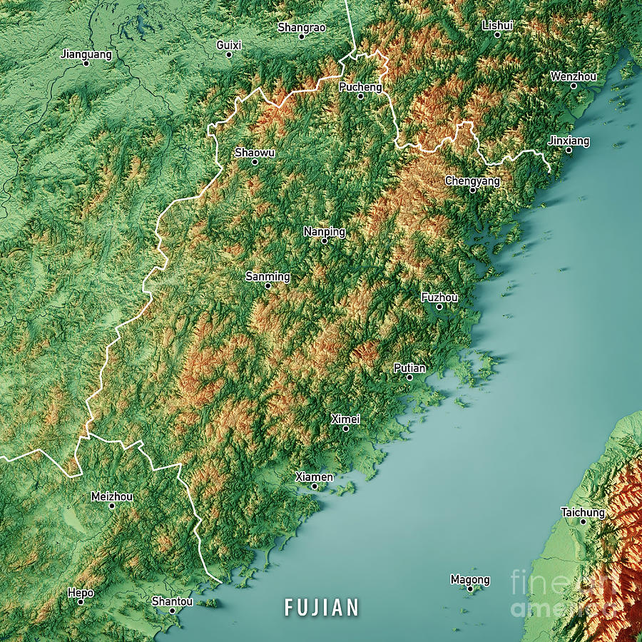 Fujian China 3d Render Topographic Map Color Border Cities Digital Art By Frank Ramspott Fine 9094