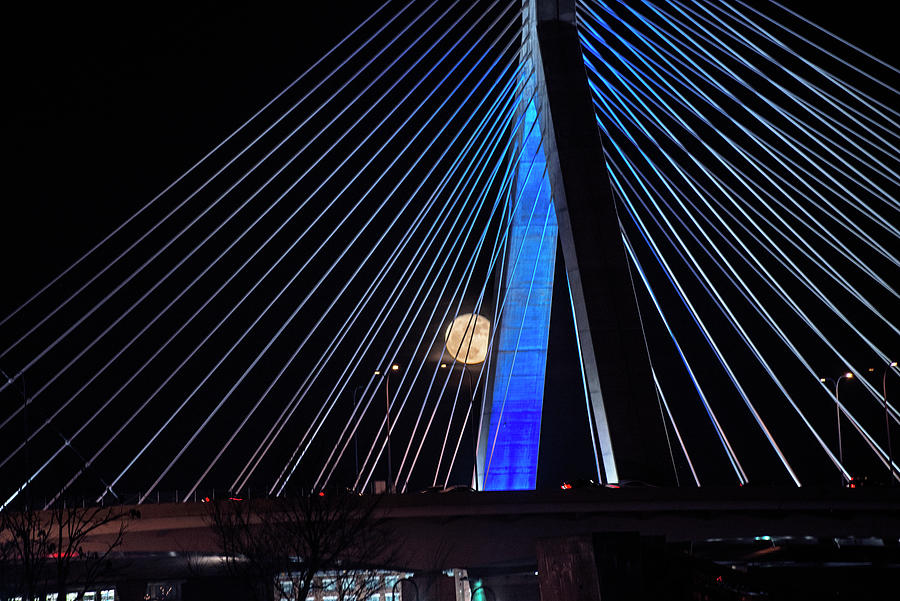 Ful Moon coming up behind the Zakim Bridge in Boston Massachusetts Photograph by Toby McGuire