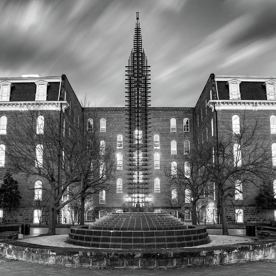 University Of Arkansas Photograph - Fulbright Fountain and Old Main Monochrome - University of Arkansas by Gregory Ballos