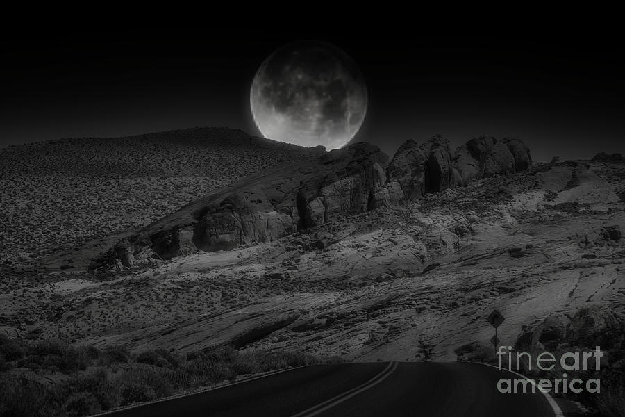 Nature Photograph - Full Large Moon Low Over Landscape Valley of Fire BW by Chuck Kuhn
