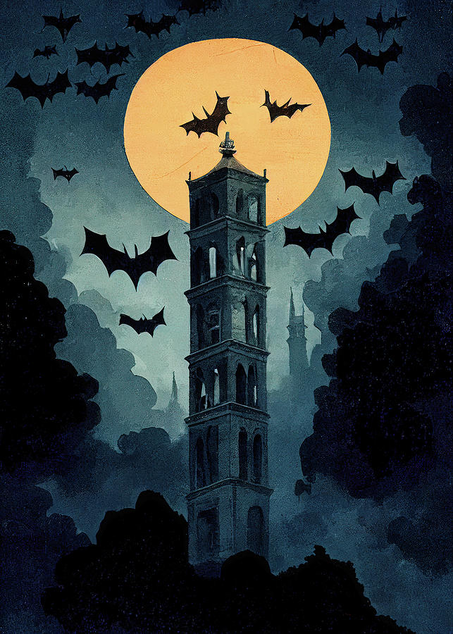 Full Moon And Bats - Ruined Bell Tower Digital Art by Mark Tisdale