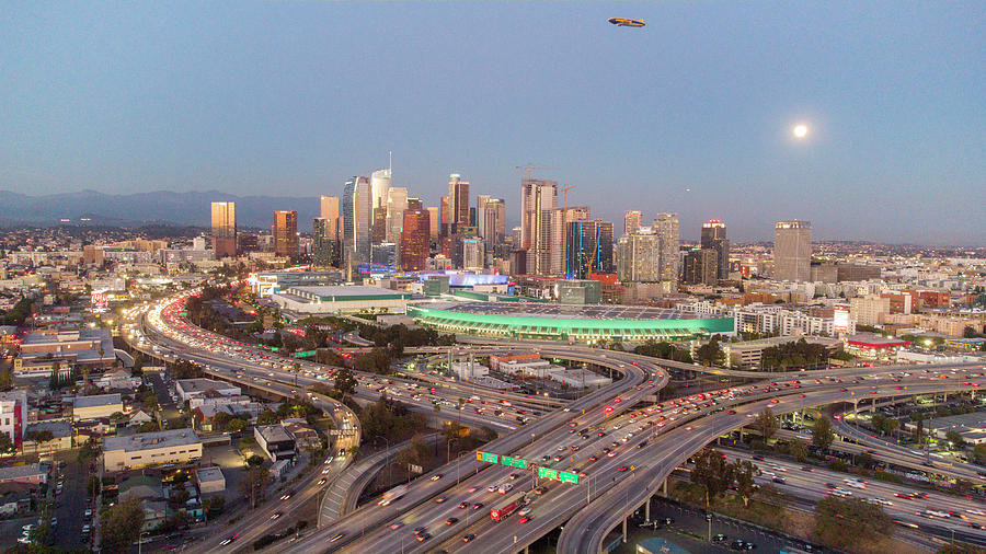 Full Moon And Goodyear Blimp Over Downtown Los Angeles Photograph