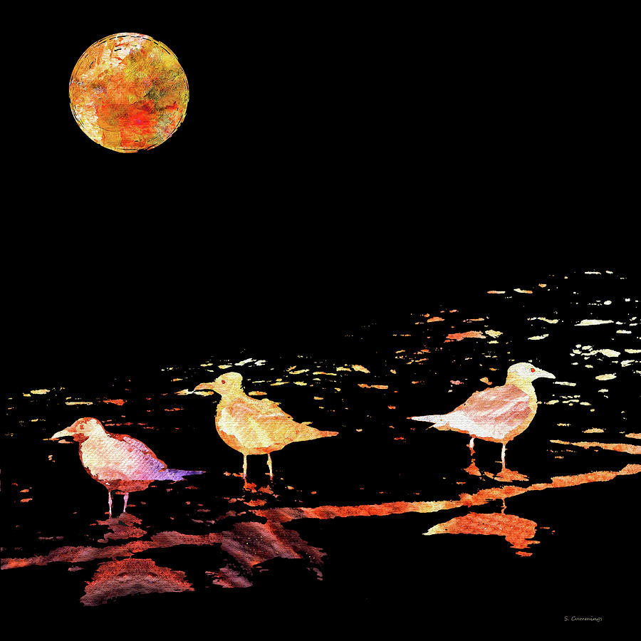 Full Moon Beach Art - Night Gulls Painting by Sharon Cummings