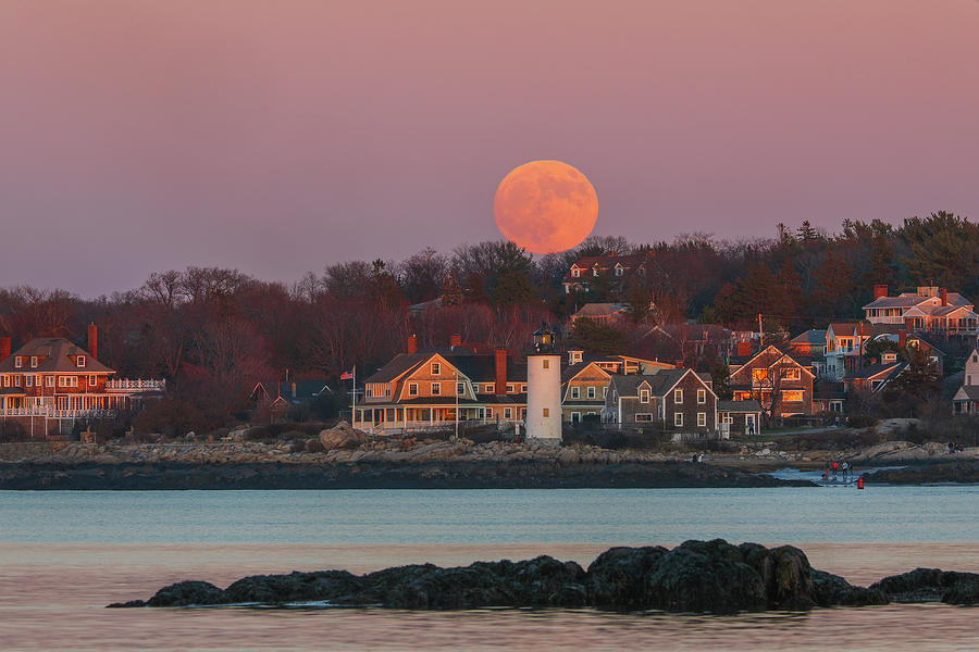 Full Moon Behind Annisquam Harbor Lighthouse Photograph by Juergen Roth