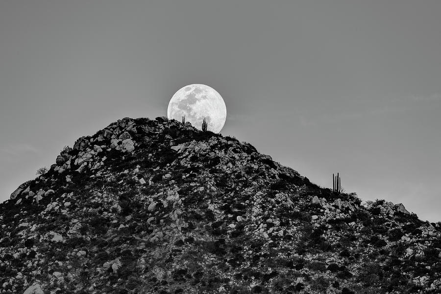 Full moon behind hill in desert at sunset, Los Frailes, Baja California Sur, Mexico Photograph by Panoramic Images