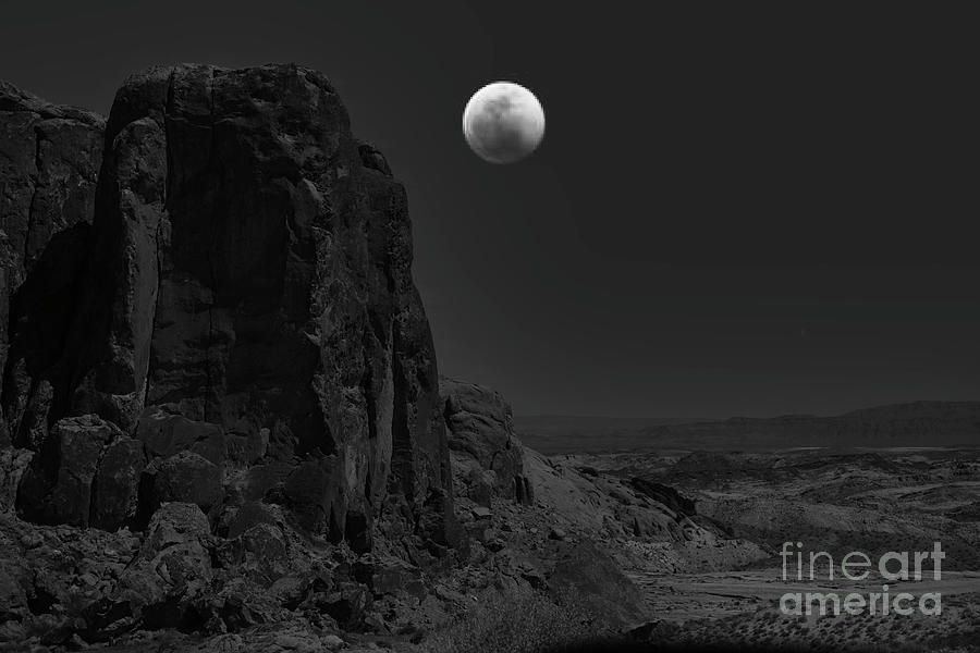 Nature Photograph - Full Moon BW Landscape Night Valley of Fire  by Chuck Kuhn