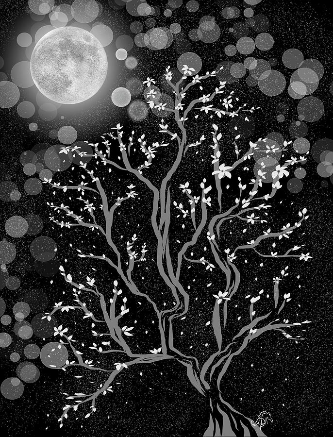 Full Moon Cherry Tree Bw Digital Art