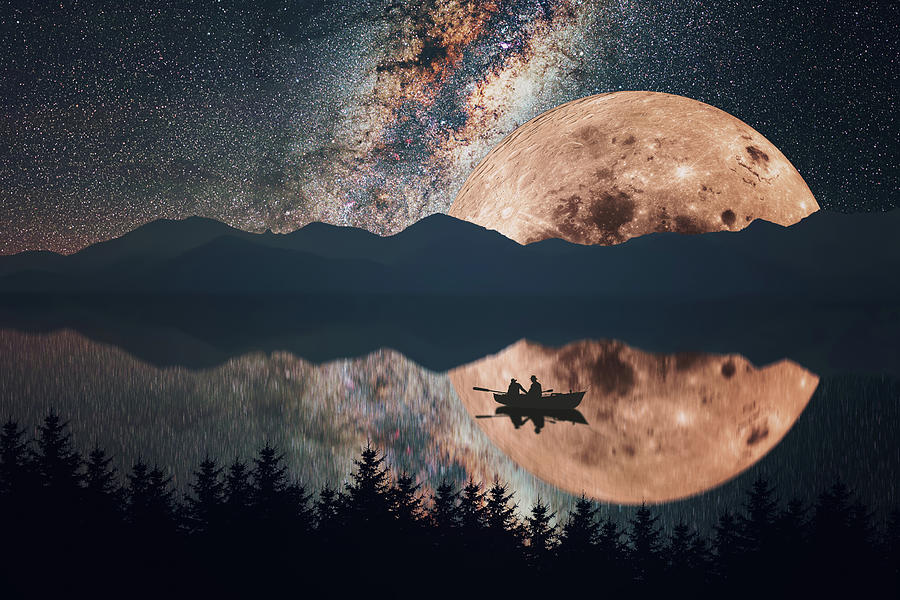 Nature Digital Art - Full Moon On The Lake by Manjik Pictures