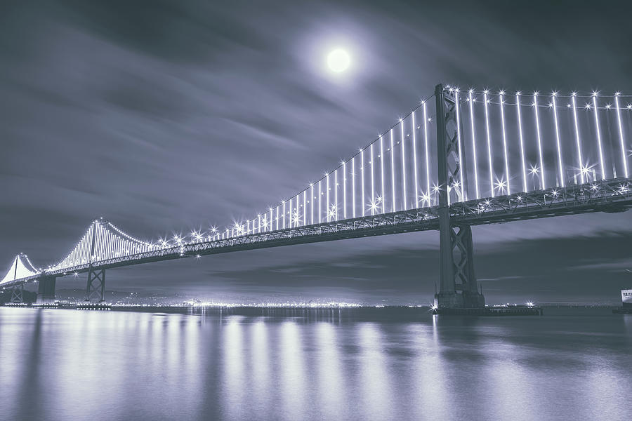 Full Moon Over Bridge Bw Photograph by Jonathan Nguyen