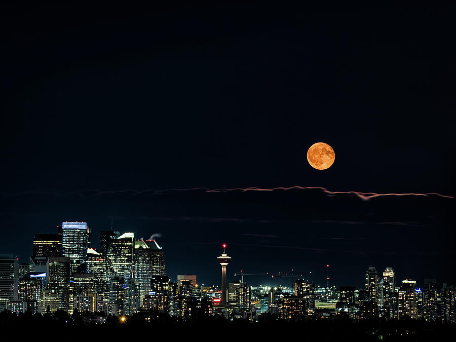 Full Moon Over Calgary Skyline Photograph by Terry Martin Fine Art