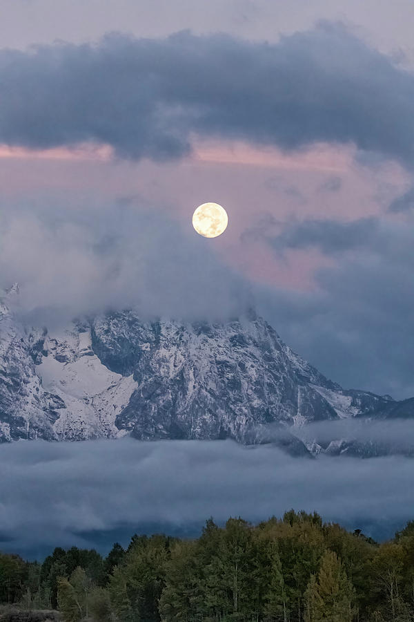 Full Moon over Grand Teton at Dawn Photograph by Belinda Greb