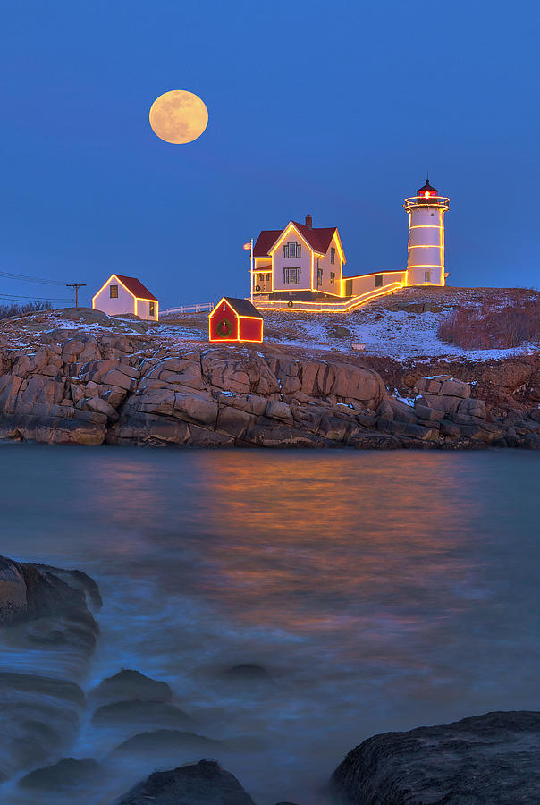 Full Moon over Nubble Lighthouse Photograph by Juergen Roth