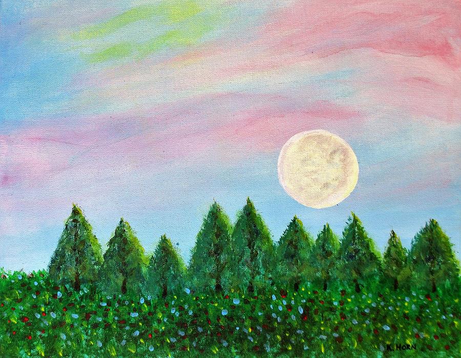 Sunset Painting - Full Moon over Pines by Kathy Horn