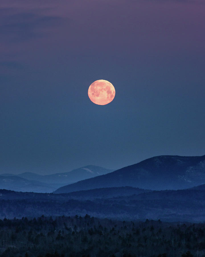 Full moon over Pleasant Mountain Maine by Alpha Omega Photography