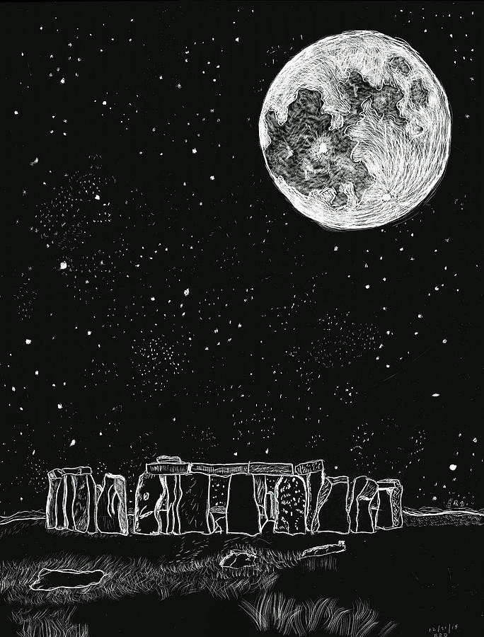 Full moon over Stonehenge Drawing by Branwen Drew