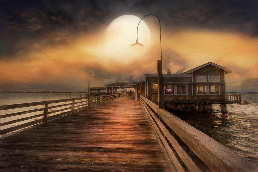 Full Moon over the Docks on Jekyll Island Painting Photograph by Debra and Dave Vanderlaan
