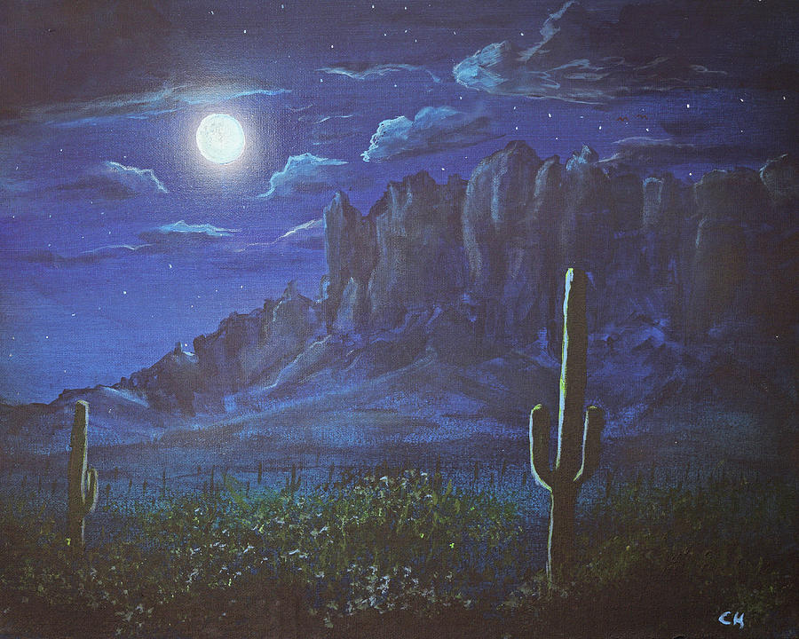 Full Moon over the Superstition Mountains, Arizona Painting by Chance Kafka