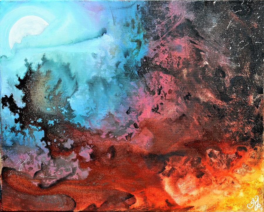 Full moon peeking through the galaxy Painting by Meganne Peck