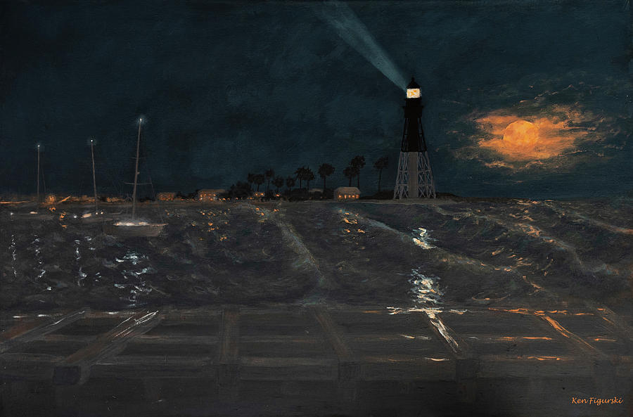 Full Moon Rise Hillsboro Lighthouse Florida  Painting by Ken Figurski