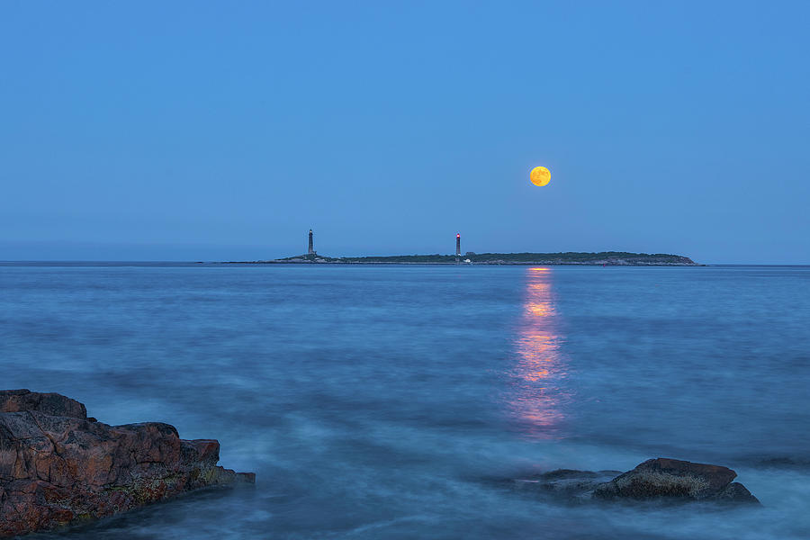 Full Moon Rise over Thacher Island Twin Lights Photograph by Juergen Roth