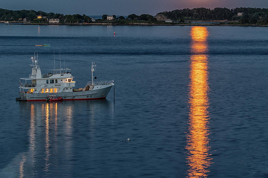 Full Moon rising over Casco Bay Photograph by Bob Doucette