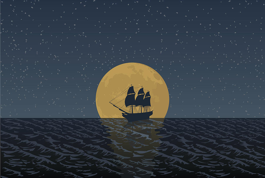 Full Moon Ship Drawing by Hey Darlin