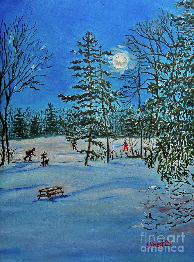 Skating at the reservoir, full moon. Painting by Janice Best