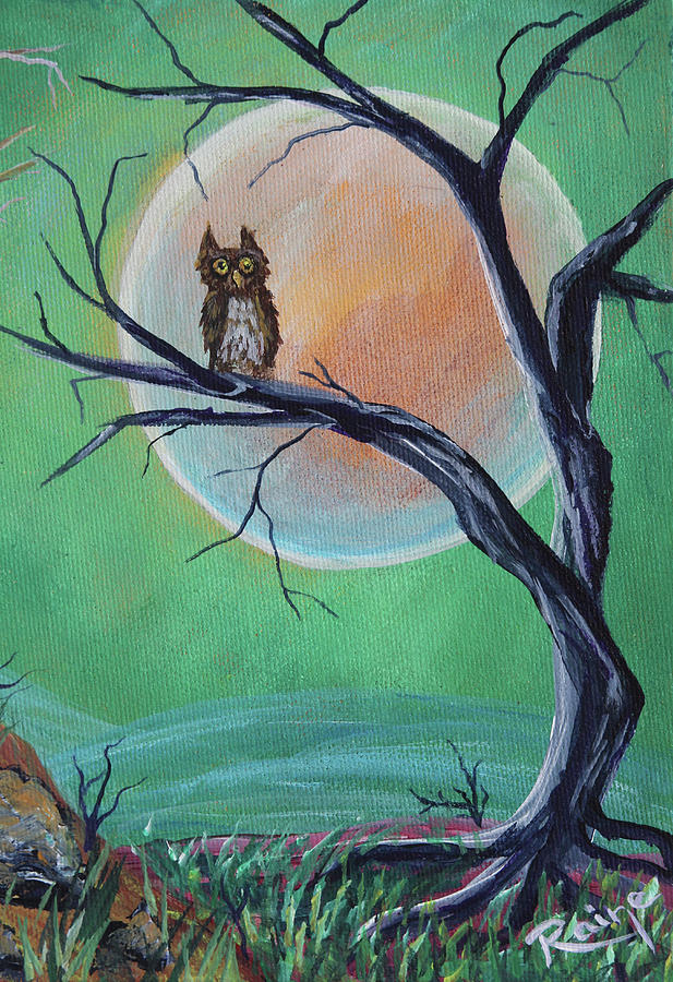 Full Orange Moon With Owl And Twisted Tree Whimsical Original Art By 