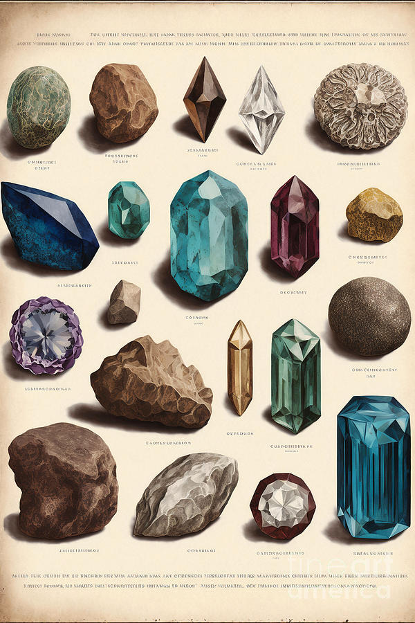 Full Page Antique Lithograph Of Gemstones Minerals Drawing, No 06 Drawing  by Mounir Khalfouf - Pixels