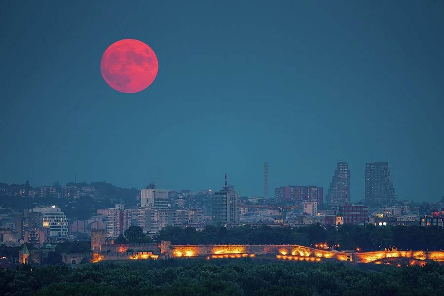 Moon Photograph - Full Red Moon over Belgrade by Dejan Kostic Moon Photograph - Full Red Moon over Belgrade by Dejan Kostic