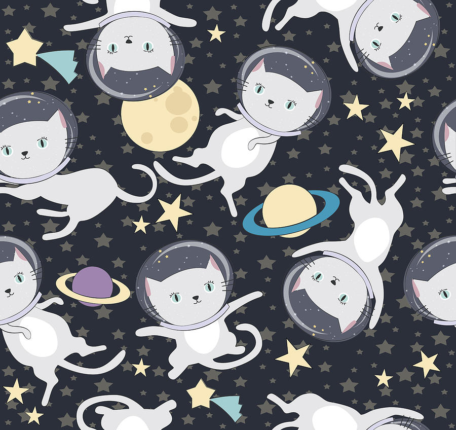 Fun cat astronaut in space pattern Drawing by BonneChance