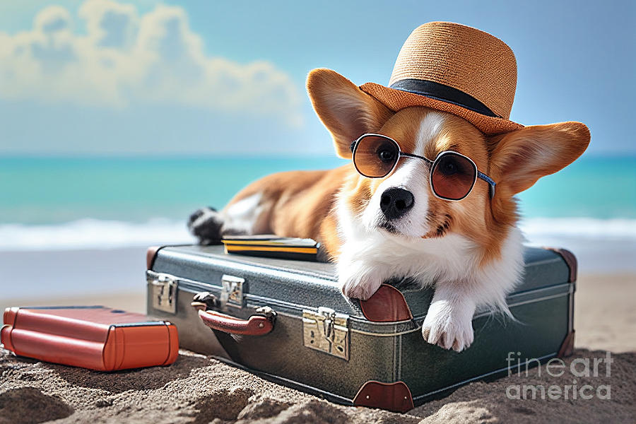 Summer Photograph - Fun Corgi, traveler dog at the beach by Delphimages Photo Creations