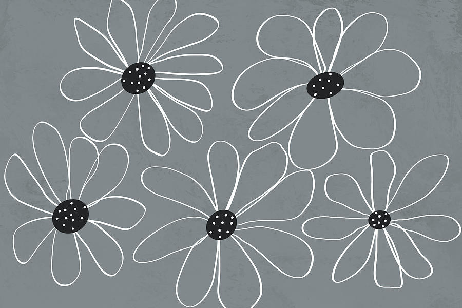 Fun Flowers Line Drawing Gray And White   Drawing by Ann Powell