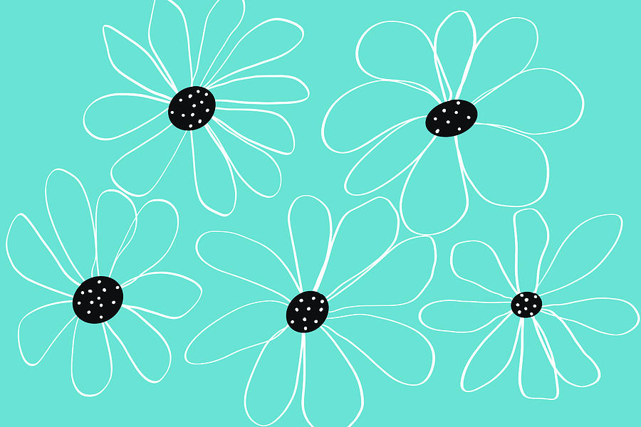 Fun Flowers line drawing turquoise Drawing by Ann Powell